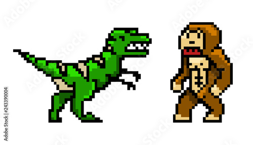 Pixel art 8 bit objects. Characters dinosaur and monkey. Retro game assets. Set of icons. vintage computer video arcades. vector illustration.