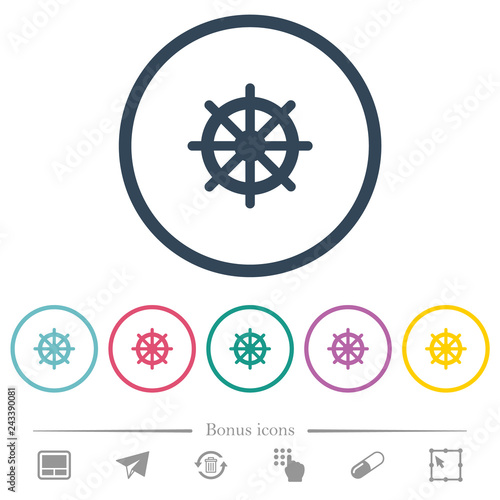 Steering wheel flat color icons in round outlines
