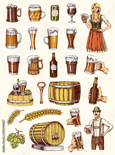 Set of Beer glass, mug or bottle of oktoberfest. Alcoholic drink. Engraved in ink Hand Drawn in old sketch and Vintage Style for web, Invitations to party or pub menu. Isolated elements.