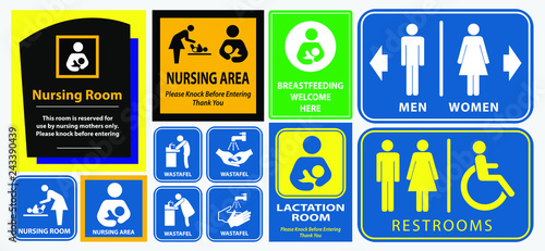 set of restroom, nursing room, lactation room placard sign. easy to modify