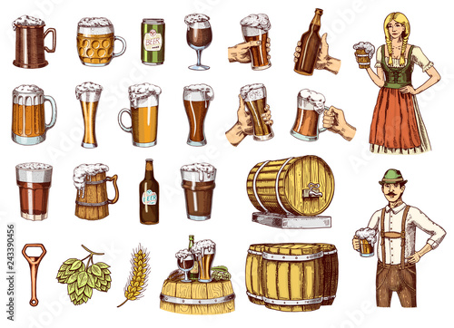Set of Beer glass, mug or bottle of oktoberfest. Alcoholic drink. Engraved in ink Hand Drawn in old sketch and Vintage Style for web, Invitations to party or pub menu. Isolated elements.