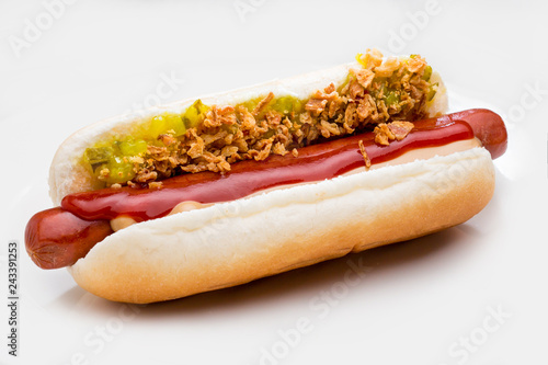 Danish hot dog with beef sausage and fried onions