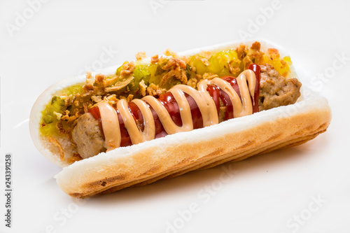 Danish hot dog with beef sausage with fried onion mustard and ketchup
