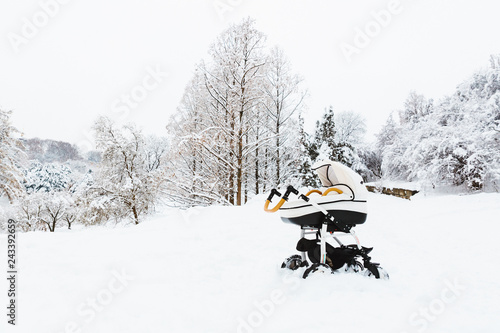 baby carriage on the street in winter park with snow