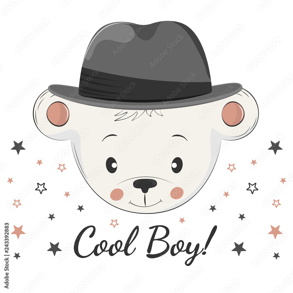 Cute cool boy bear with hat. Greeting card. Cute cool boy bear with hat. Greeting card.