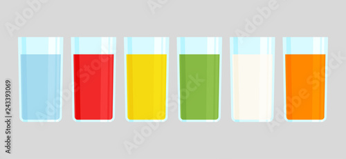 Set of glasses with drinks. Water, fruit juices, milk. Vector illustration