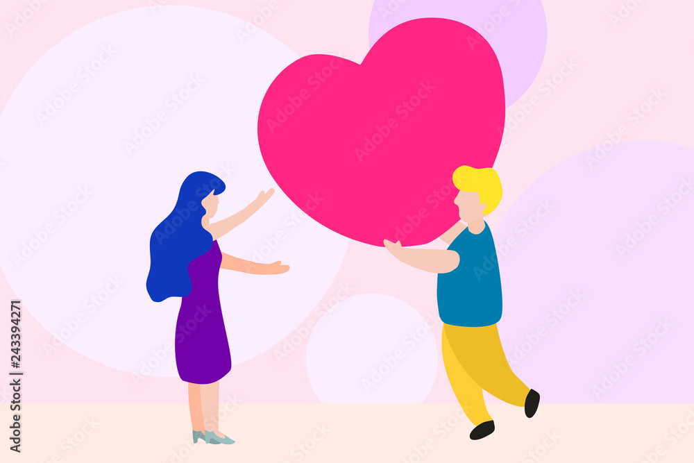 flat cartoon design of man give big red heart to girlfriend. concept for landing page of web ux and ui design or banner for valentine's day or love theme in vector illustration