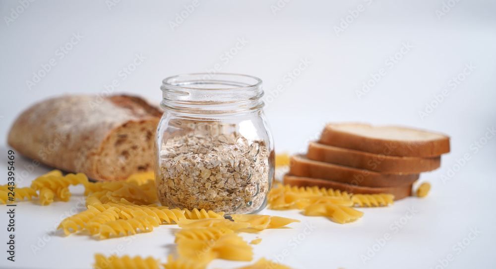 Products from wheat flour with gluten. Pasta, bread, oatmeal. Products from wheat flour with gluten. Pasta, bread, oatmeal.