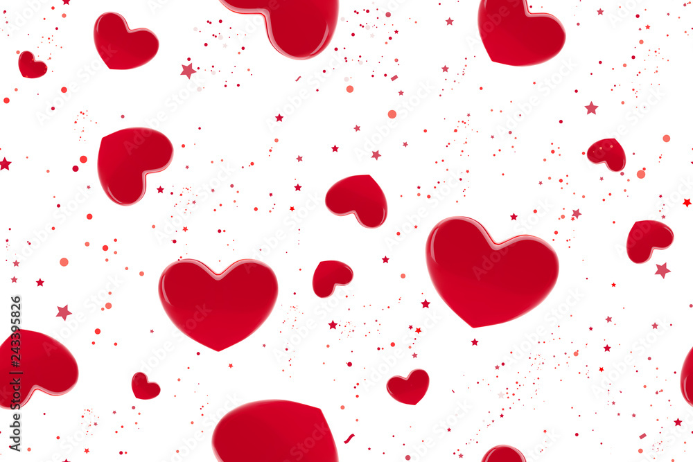 Fototapeta Valentine's day hearts seamless pattern. Background with red3d realistic hearts. Beautiful abstract wallpaper. Valentine day love card. Vector illustration. Vector cute romantic banner design.