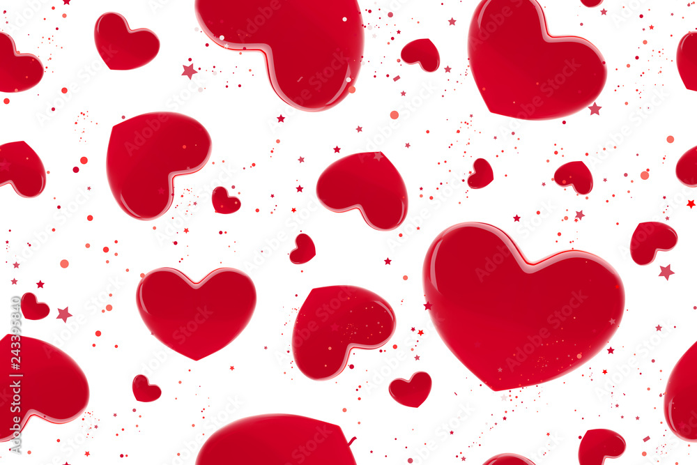 Fototapeta Valentine's day hearts seamless pattern. Background with red3d realistic hearts. Beautiful abstract wallpaper. Valentine day love card. Vector illustration. Vector cute romantic banner design.