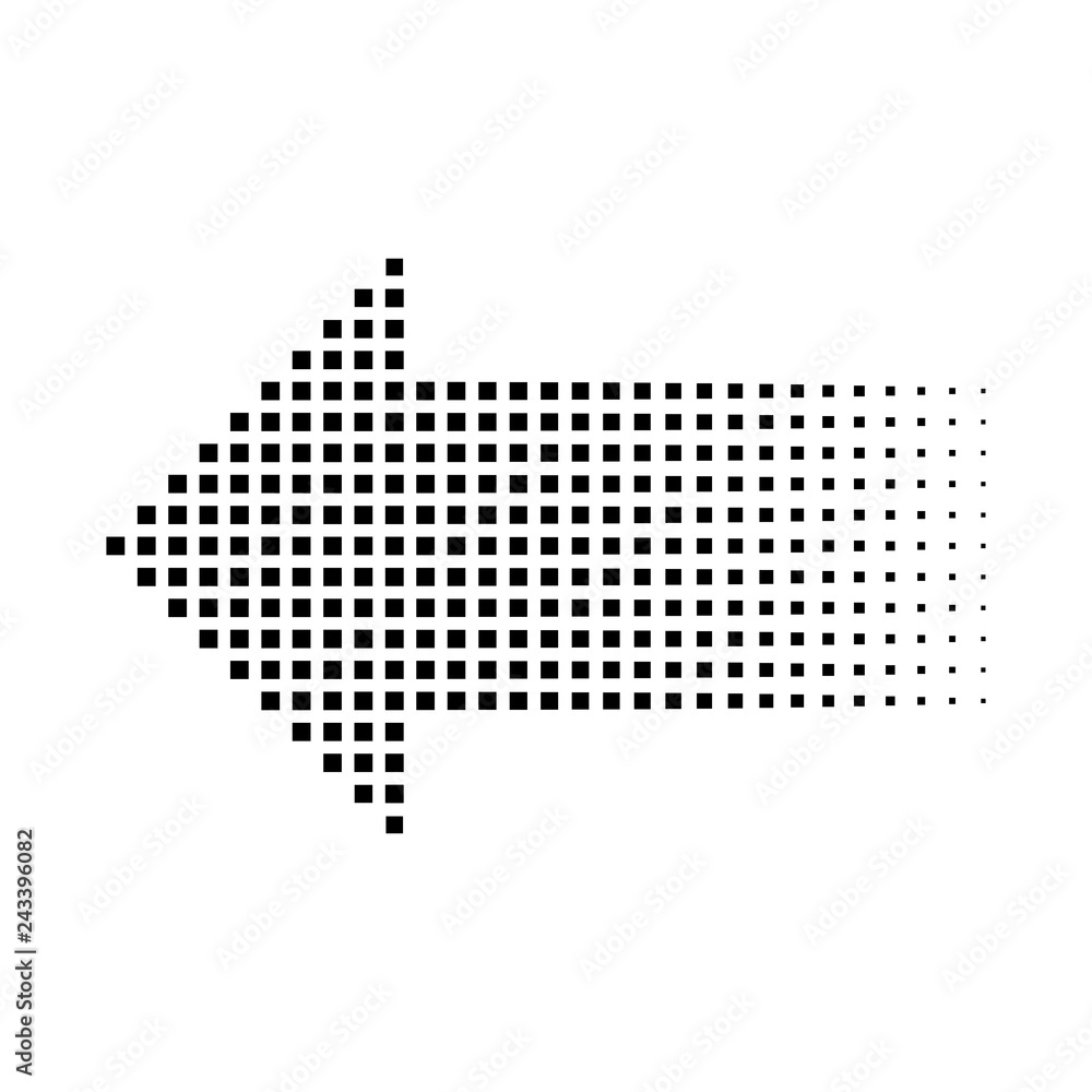 Halftone gradient dots arrow, small squares, isolated graphic element, vector illustration