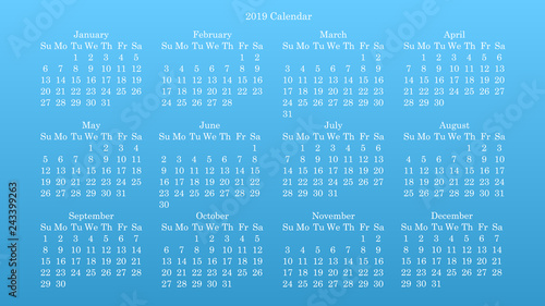 Desktop wallpaper Calendar 2019 blue background, white numbers