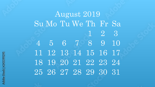 August 2019. Desktop wallpaper Calendar 2019 blue background, white numbers
