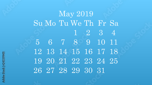 May 2019. Desktop wallpaper Calendar 2019 blue background, white numbers