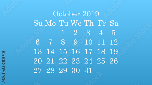 October 2019. Desktop wallpaper Calendar 2019 blue background, white numbers