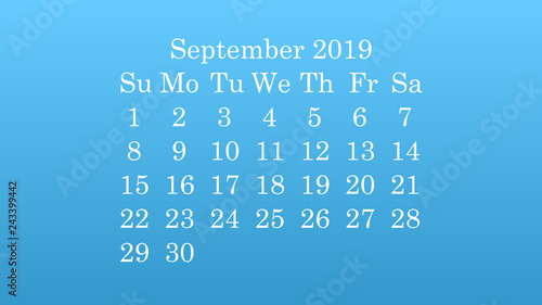 September 2019. Desktop wallpaper Calendar 2019 blue background, white numbers