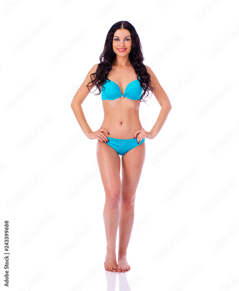 Portrait of young brunette woman wearing turquoise bikini Portrait of young brunette woman wearing turquoise bikini