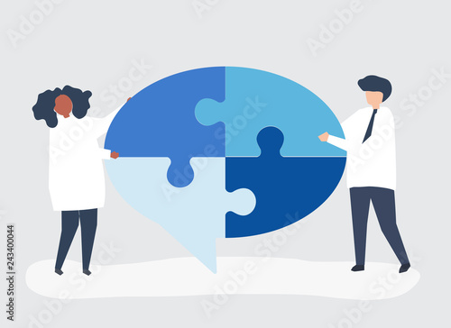 People carrying jigsaw pieces of a speech bubble