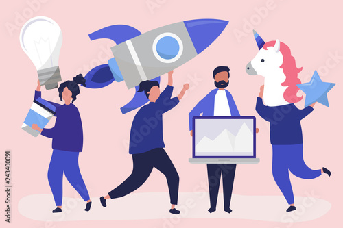 People characters holding creative business concept icons