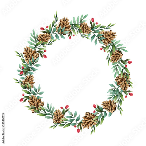 Christmas wreath with pine cones watercolor style vector