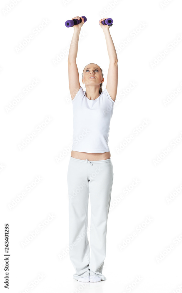 Young sports woman with dumbbells. Young sports woman with dumbbells.