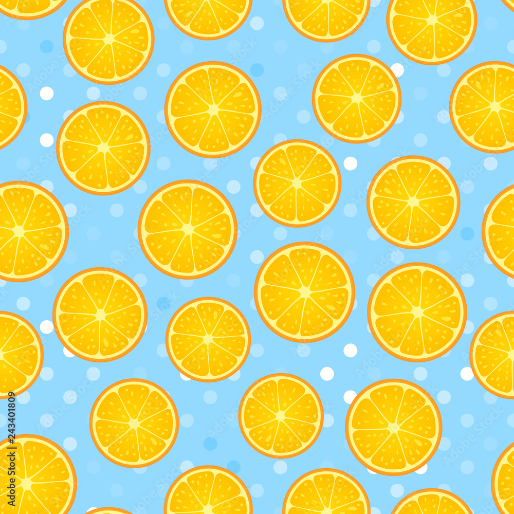 Citrus round piece. Lemon and orange Seamless pattern. Vector illustration on blue polka dot textured Citrus round piece. Lemon and orange Seamless pattern. Vector illustration on blue polka dot textured