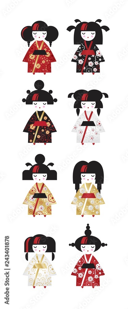 Naklejka premium Set of japanese traditional Kokeshi dolls in national costumes kimono in cartoon style