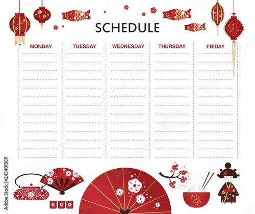 Vector weekly planner with Set of Japanese girl, Kokeshi doll, fan, umbrella, Japanese lanterns, fish