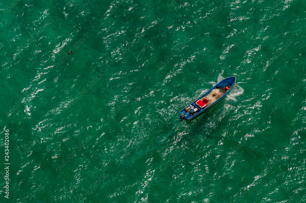 Aerial view of fisherman in boat, Yucatan Peninsula