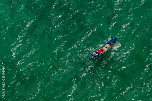 Aerial view of fisherman in boat, Yucatan Peninsula