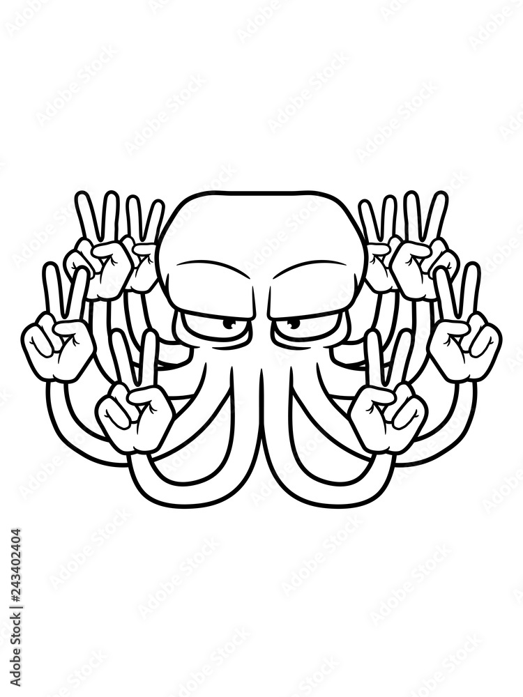 Fototapeta premium hippie peace zeichen hand frieden liebe symbol oktopus krake kopffüßer kalmar tentakel tintenfisch unterwasser monster comic cartoon clipart lustig design meer wasser tauchen fisch