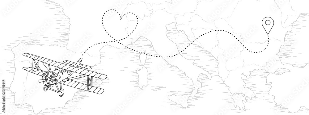Hand drawn illustration of a vintage airplane with dotted route in heart shape, flying above a map of European countries
