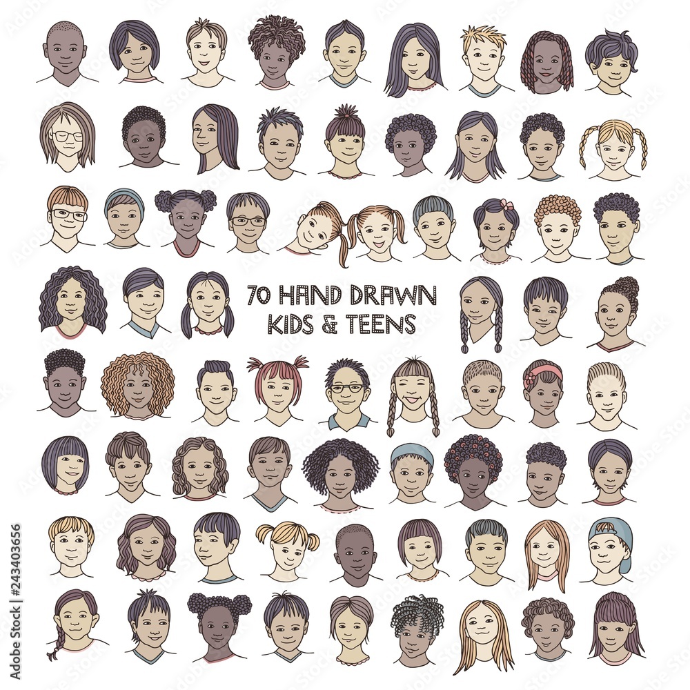Set of seventy hand drawn children's faces, colorful and diverse portraits of kids and teens of different ethnicities