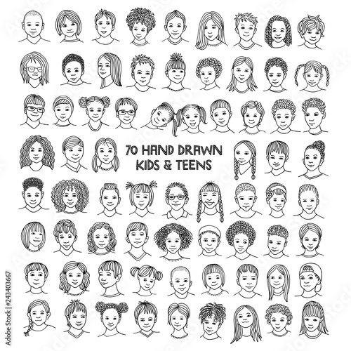 Set of seventy hand drawn children's faces, diverse portraits of kids and teens of different ethnicities, black and white ink illustration