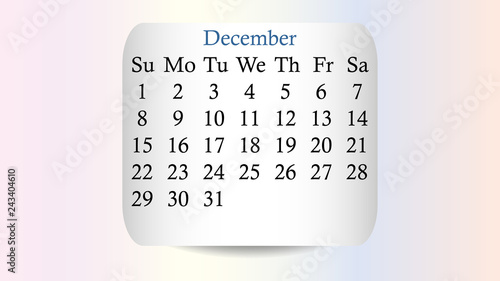December 2019. Calendar 2019 vector design. Date on the curved stickers on the pastel background