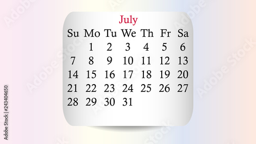 July 2019. Calendar 2019 vector design. Date on the curved stickers on the pastel background