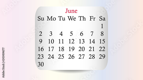 June 2019. Calendar 2019 vector design. Date on the curved stickers on the pastel background