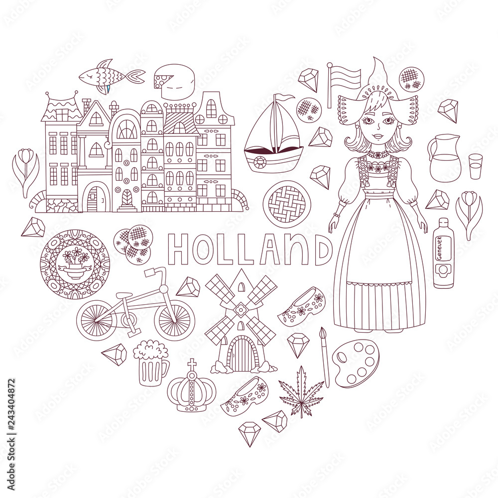 Holland Netherlands doodle icons vector collection