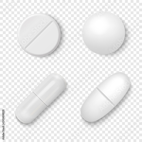 Vector 3d Realistic White Medical Pill Icon Set Closeup Isolated on Transparent Background. Design template of Pills, Capsules for graphics, Mockup. Medical and Healthcare Concept. Top View