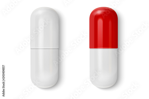 Vector 3d Realistic White and Red Medical Pill Icon Set Closeup Isolated on White Background. Design template of Pills, Capsules for graphics, Mockup. Medical and Healthcare Concept. Top View