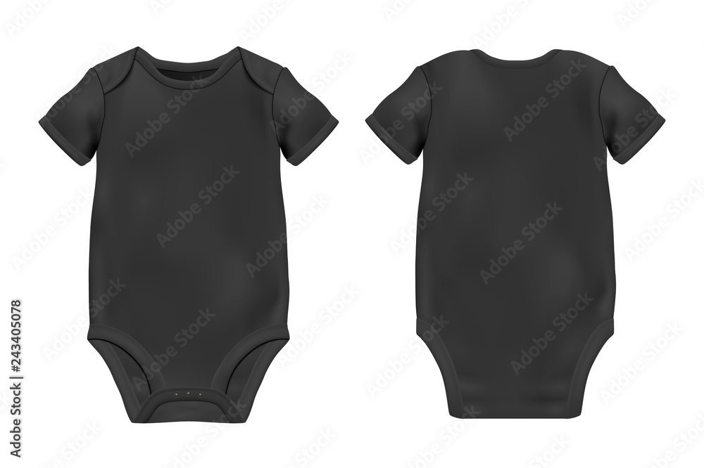 Vector Realistic Black Blank Baby Bodysuit Template, Mockup Closeup