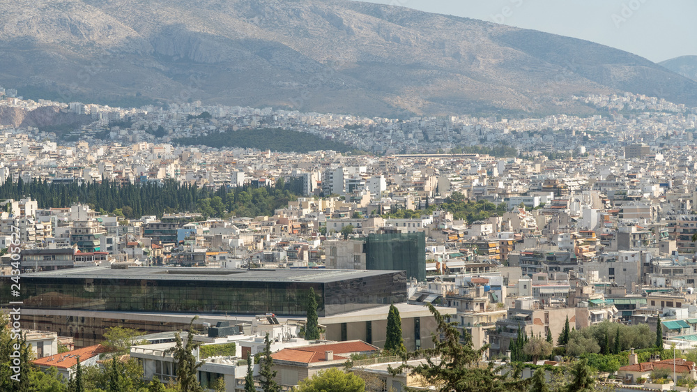Athenian Acropolis aerial panoramic view in Athens