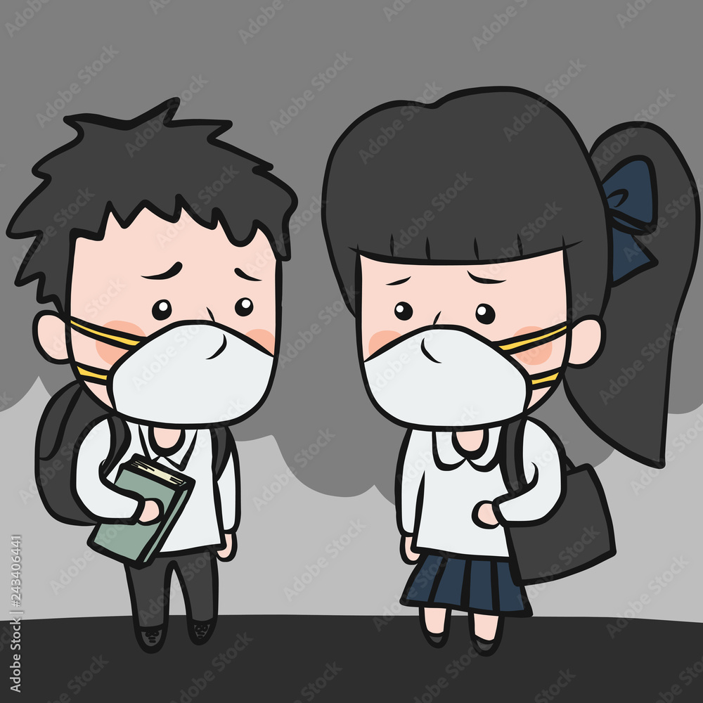 Teenager school boy and girl wearing pollution mask cover cartoon vector illustration Teenager school boy and girl wearing pollution mask cover cartoon vector illustration