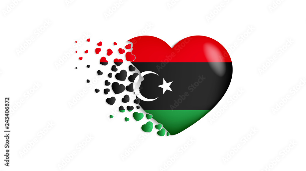 National flag of Libya in heart illustration. With love to Libya country. The national flag of Libya fly out small hearts National flag of Libya in heart illustration. With love to Libya country. The national flag of Libya fly out small hearts