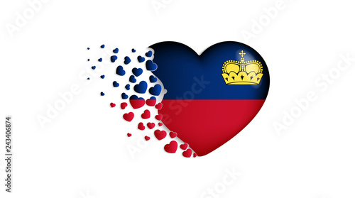 National flag of Liechtenstein in heart illustration. With love to Liechtenstein country. The national flag of Liechtenstein fly out small hearts
