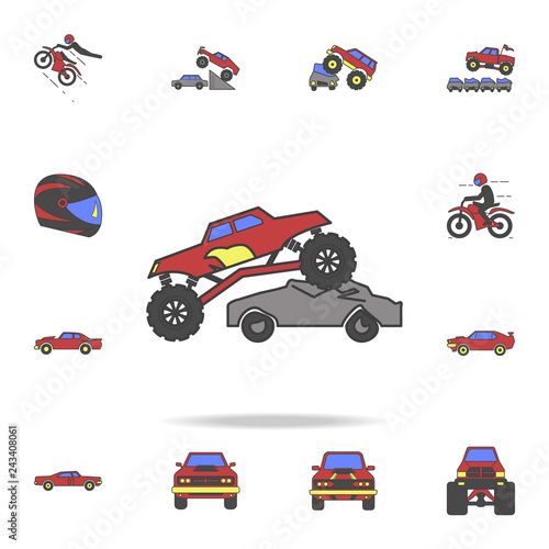 bigfoot car rides through cars field coloricon. Detailed set of color big foot car icons. Premium graphic design. One of the collection icons for websites, web design, mobile app