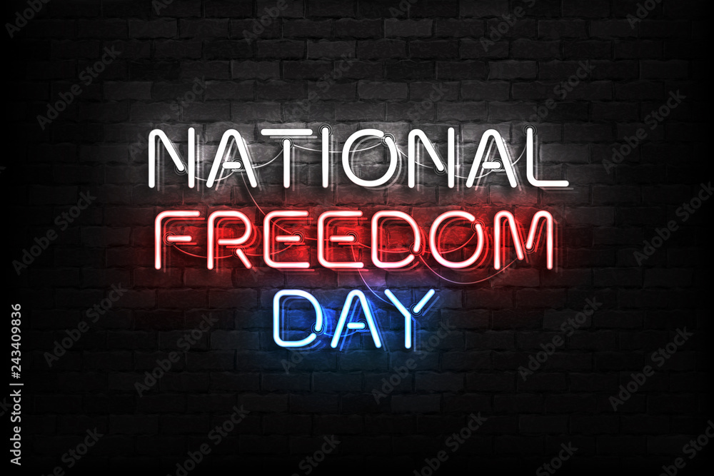 Vector realistic isolated neon sign of Natonal Freedom Day in USA logo for decoration and covering on the wall background.