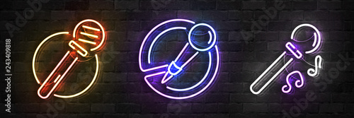 Vector set of realistic isolated neon sign of Microphone logo for template decoration and covering on the wall background. Concept of music, stand up comedy show and karaoke.