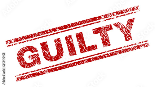 GUILTY seal print with grunge texture. Red vector rubber print of GUILTY text with retro texture. Text caption is placed between double parallel lines.