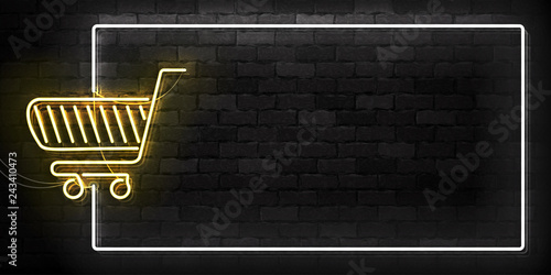Vector realistic isolated neon sign of Supermarket Shopping Cart frame logo for decoration and covering on the wall background. Concept of Black friday, sale and online shopping.